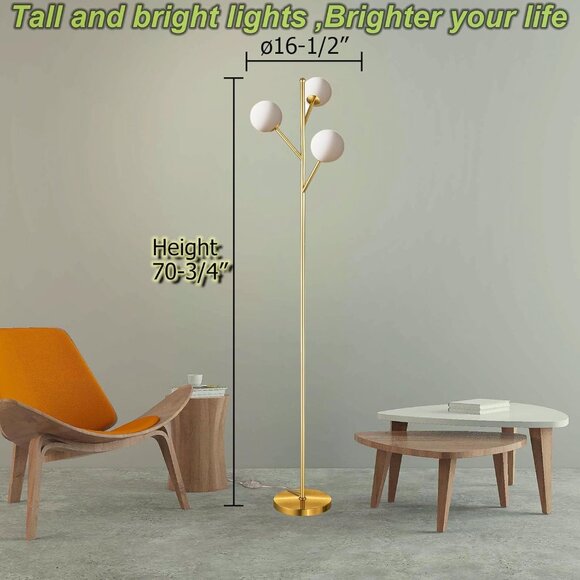 NEW! 3-Globe Tree Floor Lamp Gold Floor Lamp 70"H - Picture 3 of 6